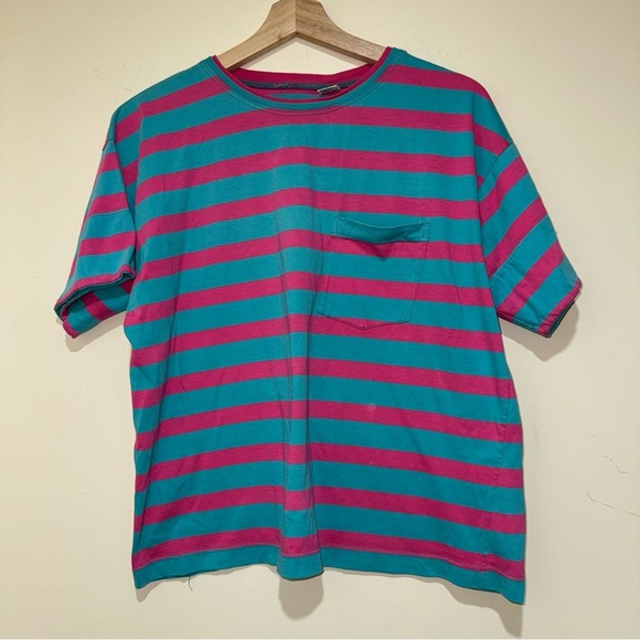 Unisex Striped Teal and Pink Shirt Vintage Single Stitch Cotton T-Shirt Size M - Picture 1 of 16